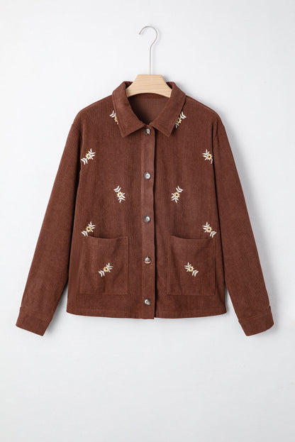 Coffee Floral Embroidered Collar Button Front Corduroy Jacket With Pocket