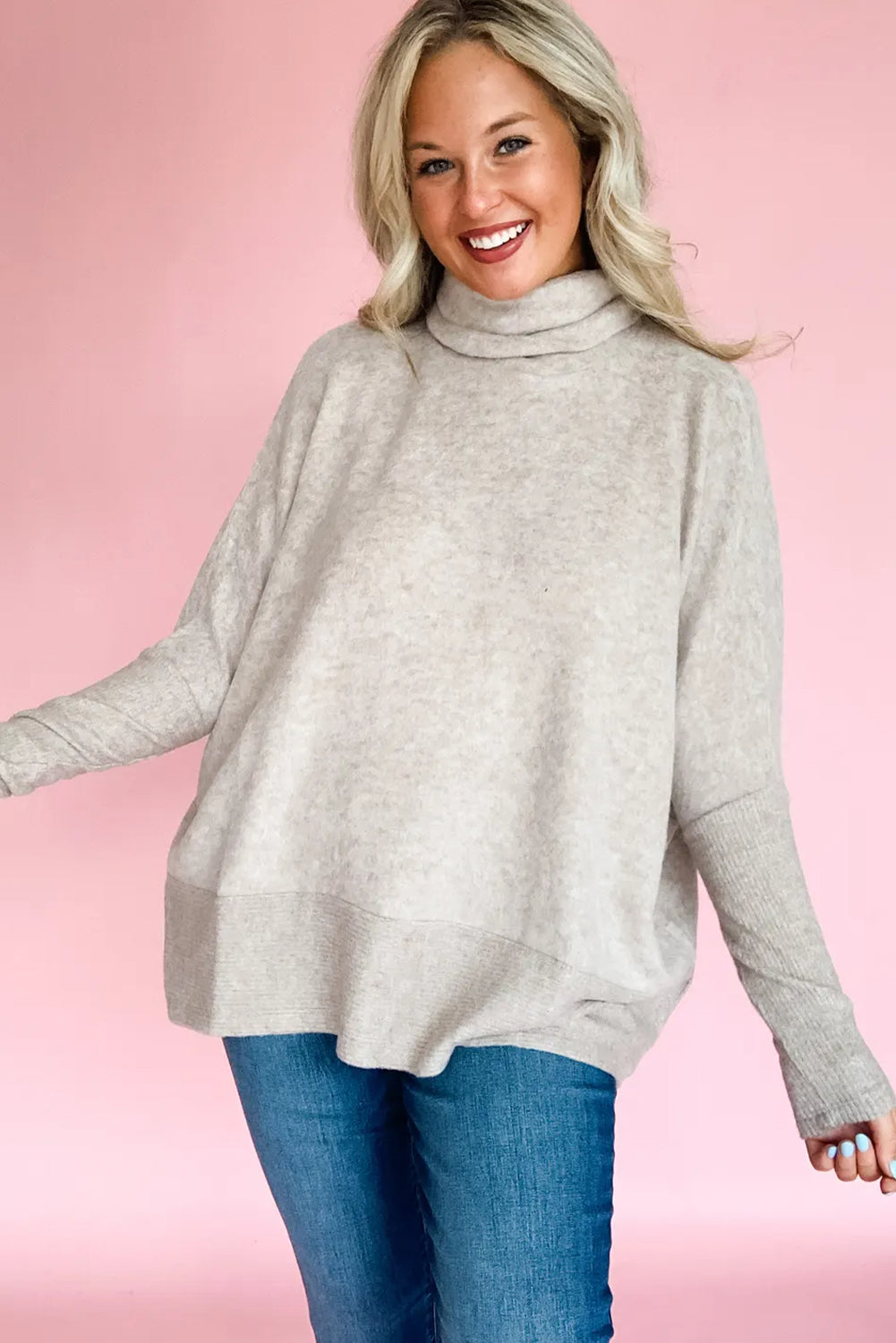 Smoke Gray Solid Color Turtleneck Ribbed Patchwork Dolman Long Sleeve Top