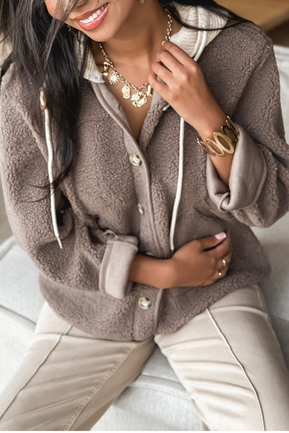 Goat Sherpa Color Block Knit Patchwork Hooded Jacket