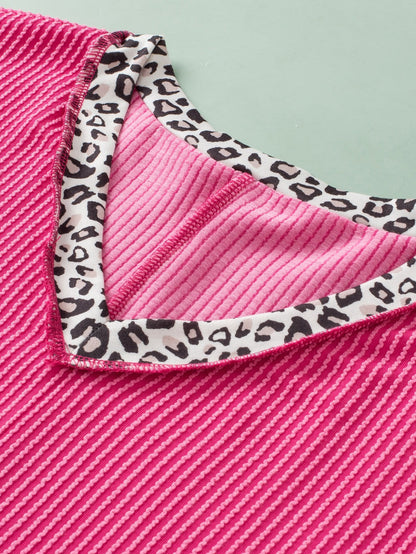 Rose Red Leopard Trim V Neck Short Sleeve Plus Size Corded Top