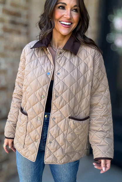 Parchment Snap Button Quilted Color Block Collar Pocketed Winter Jacket
