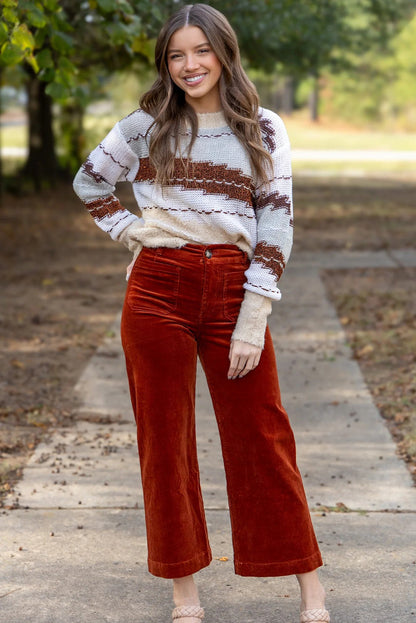 Brown Unique Color Block Knit Casual Sweater
