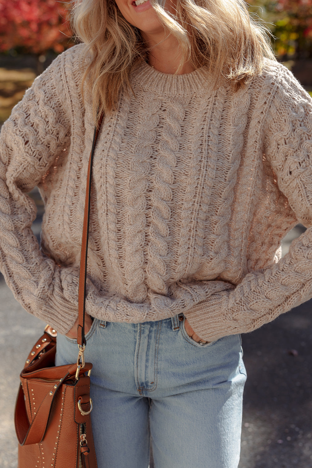 Parchment Cable Knit Crew Neck Drop Shoulder Casual Sweater