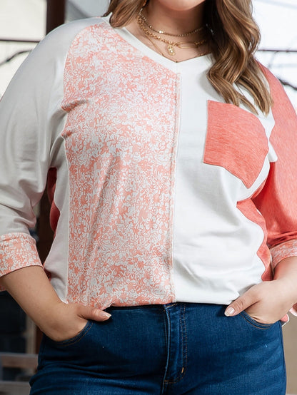 Pink Colorblock V-Neck Bracelet Sleeve Plus Size Top