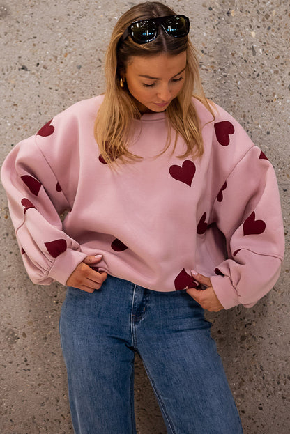 Pink Sweat Heart Print Patchwork Puff Sleeve Oversize Sweatshirt