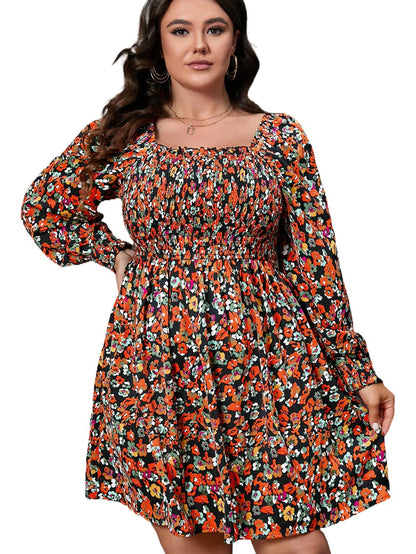 Multicolored Smocked Floral A-Line Dress with Long Sleeves