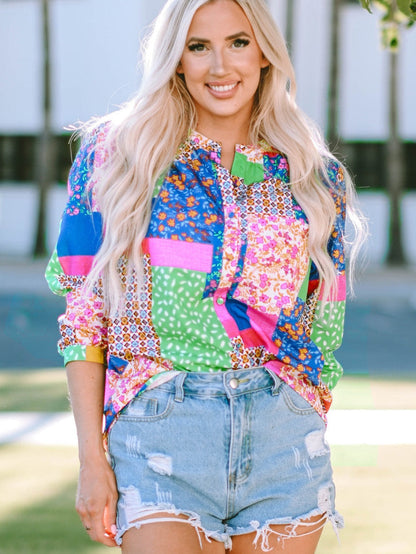 Floral Patchwork Print Button-Up Blouse