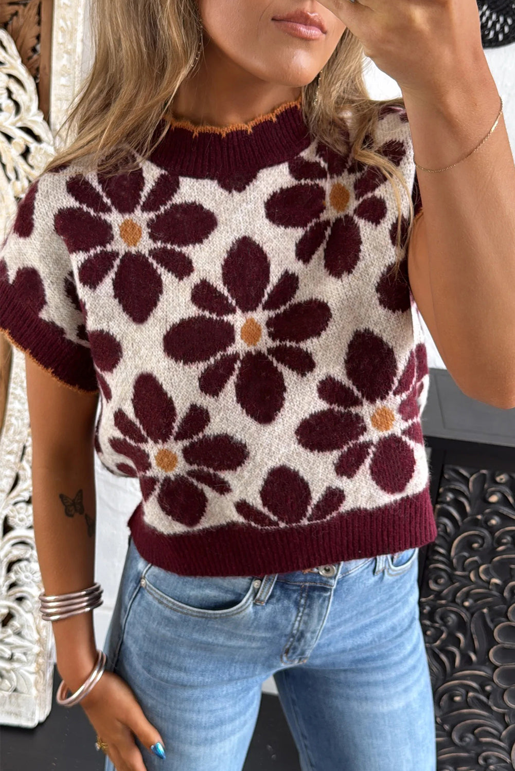 Red Big Flower Pattern Knit Short Sleeve Sweater