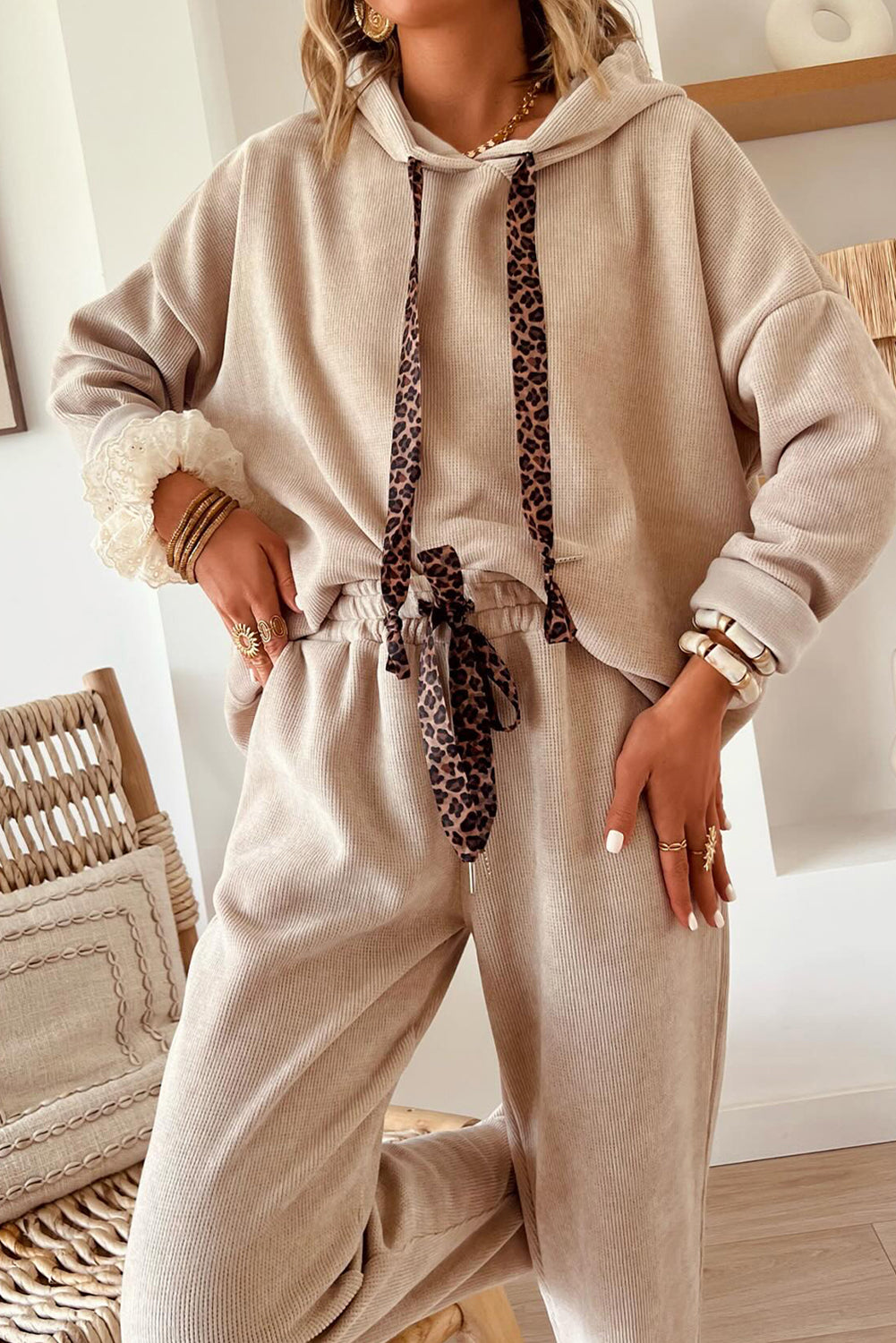 Parchment Lace/Leopard Drawstring Pullover Hoodie and High Waist Pants Corduroy Suit