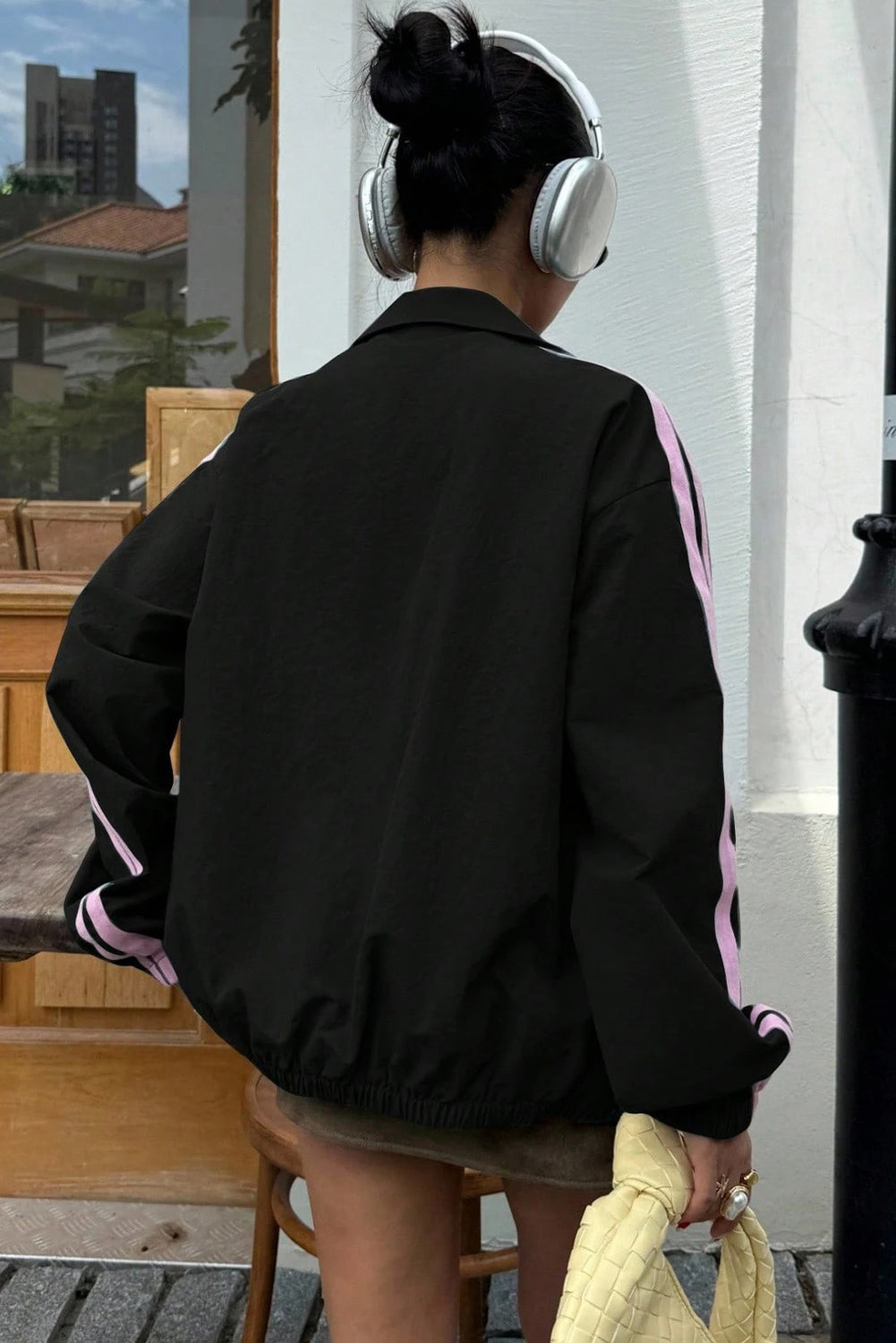 Black Bow Embroidered Detail Zip Up Sweatshirt Womens Jacket