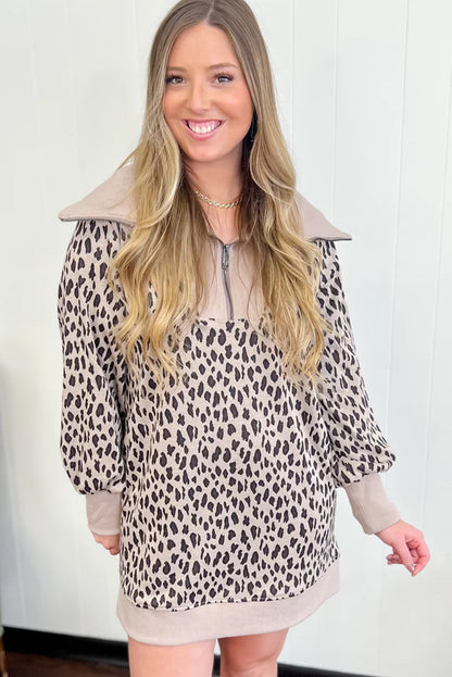 Khaki Leopard Print Zip up Collar Patchwork Shift Mini Dress