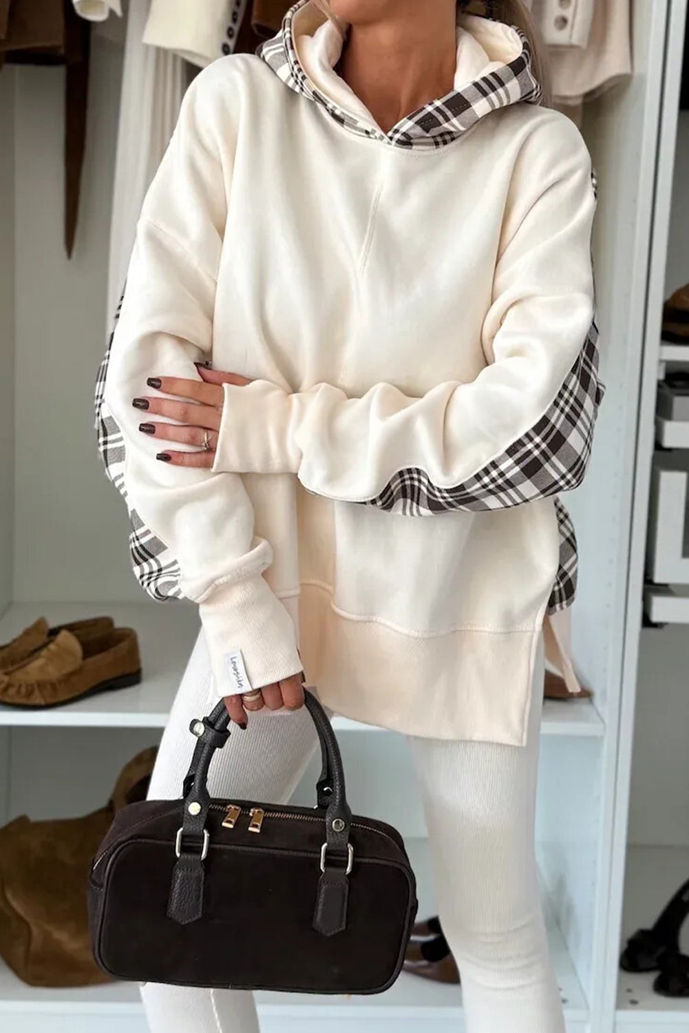 Beige Plaid Patchwork Side Slit Sweatshirt