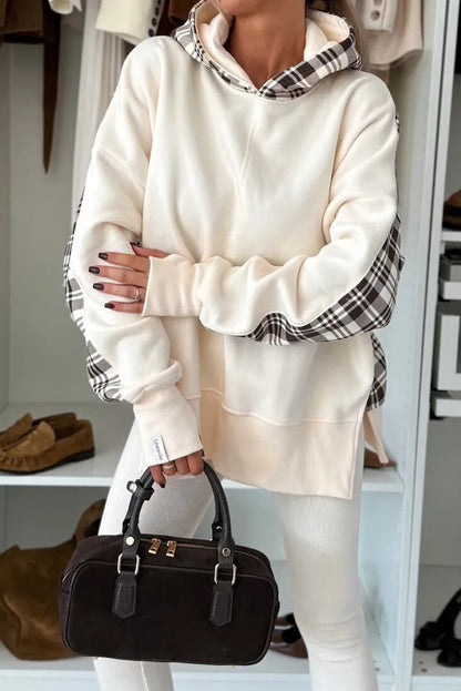 Beige Plaid Patchwork Side Slit Sweatshirt