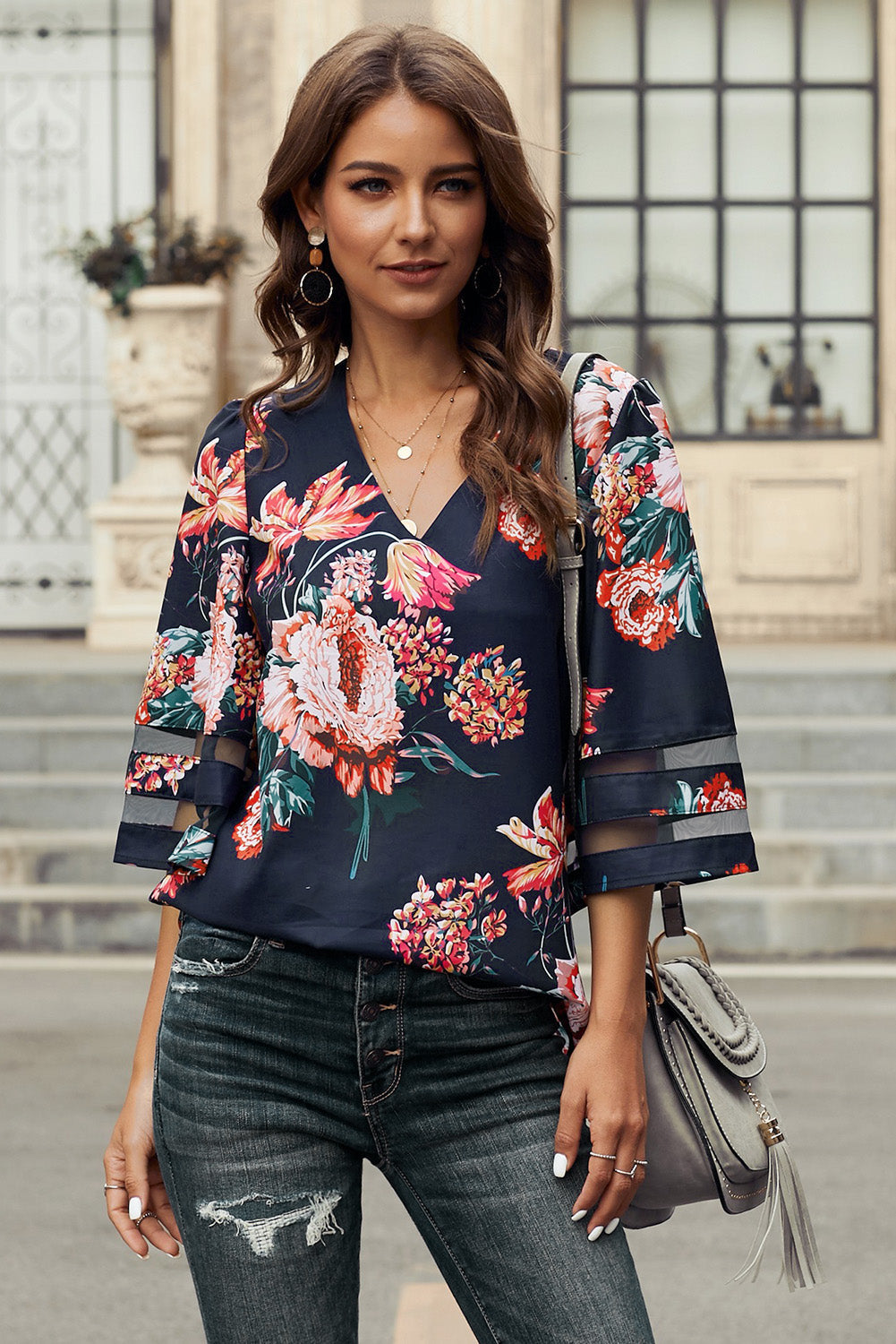 Fiery Red Floral Blouse with Sheer Patchwork Sleeve