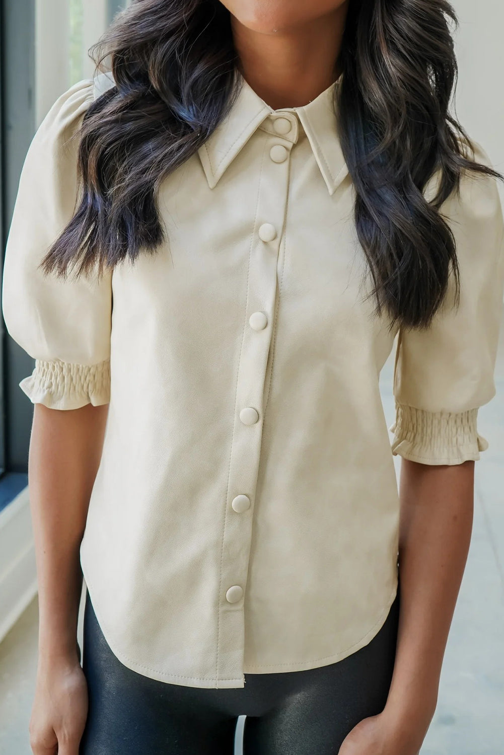 Beige Solid Color Faux Suede Button Down Frilled Short Sleeve Shirt