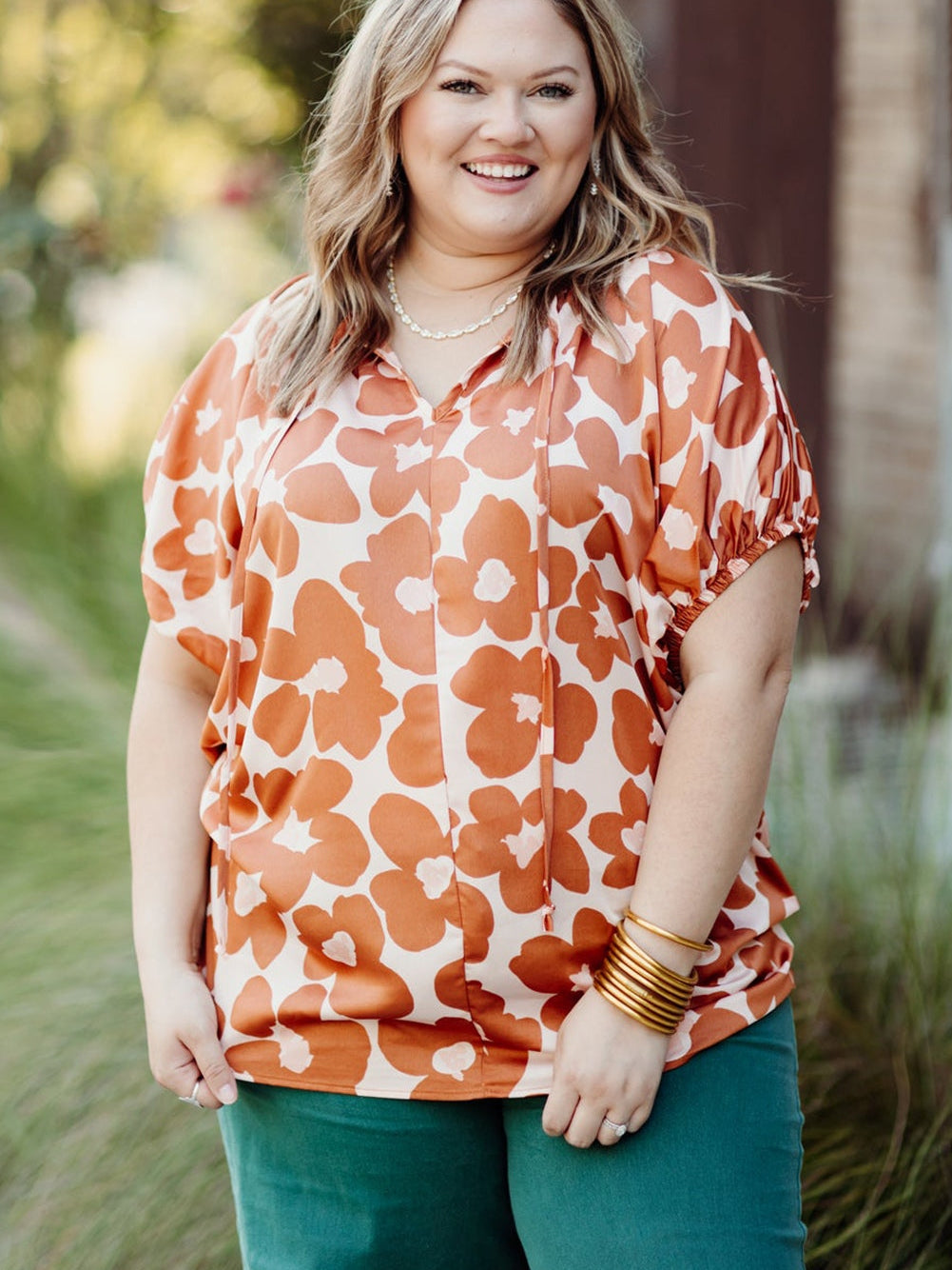 Orange Floral Print Plus Size V Neck Short Sleeve Blouse with Drawstring