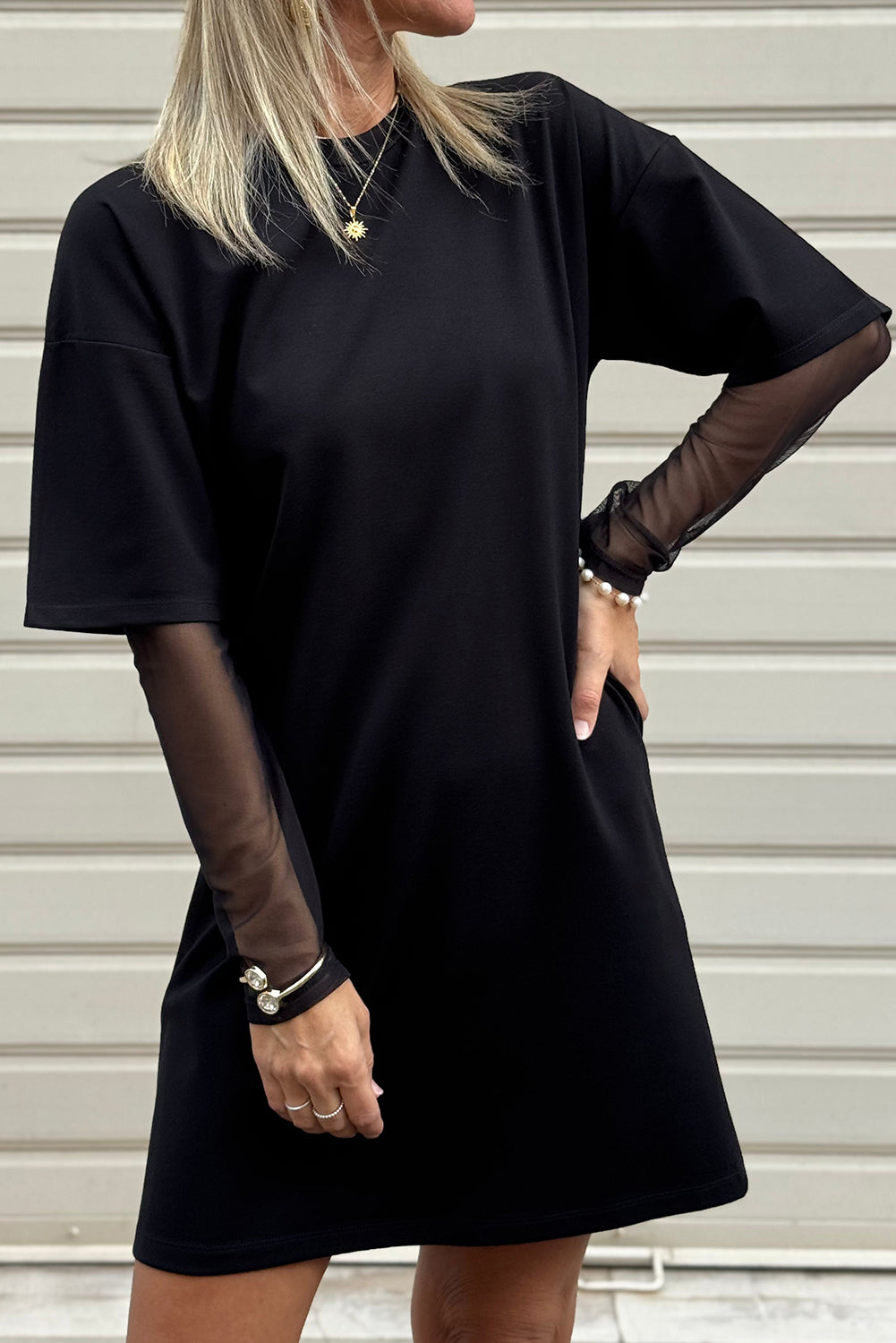 Black Mesh Long Sleeve Patchwork Shift Fit T Shirt Dress