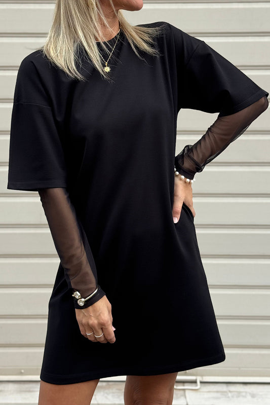 Black Mesh Long Sleeve Patchwork Shift Fit T Shirt Dress