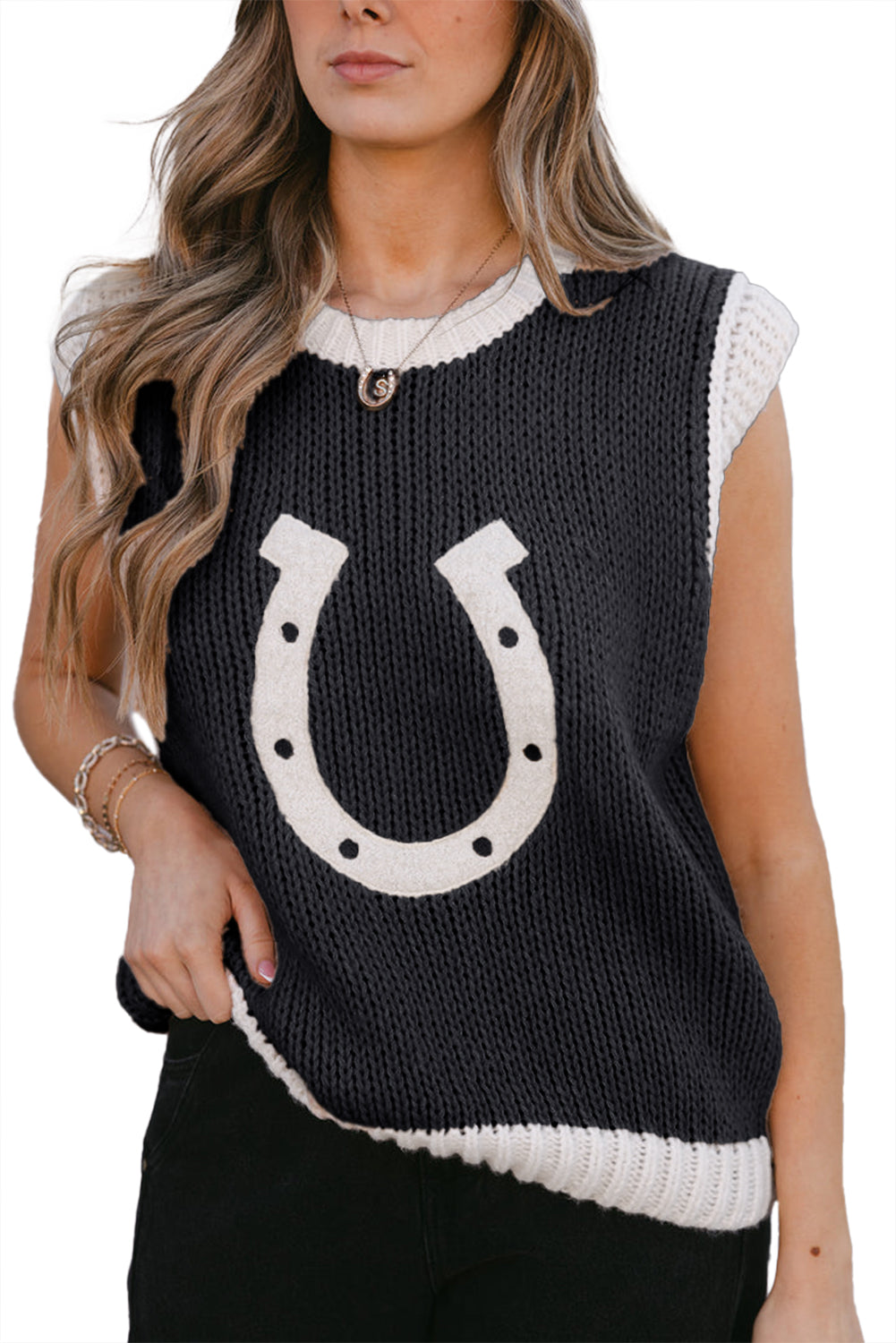 Navy Blue Woven Horseshoe Color Contrast Trim Sweater Vest