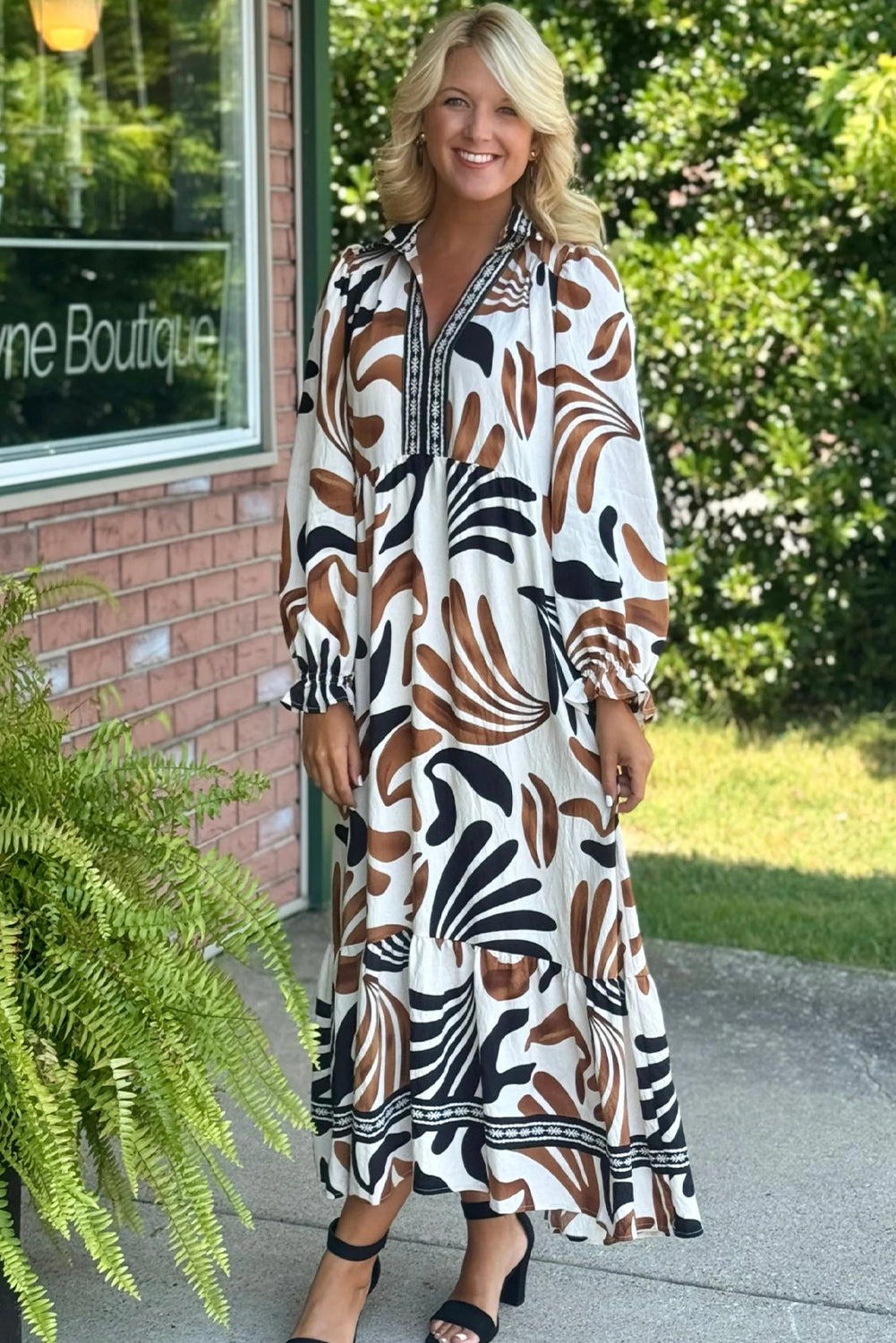 Brown Tropical Printed Contrast Trim Neck Long Sleeve Ruffle Hem Dress