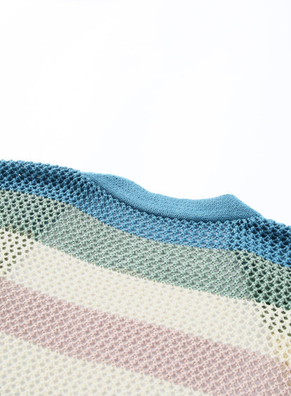 Green Hollowed Knit Color Block Striped Cardigan for Fall