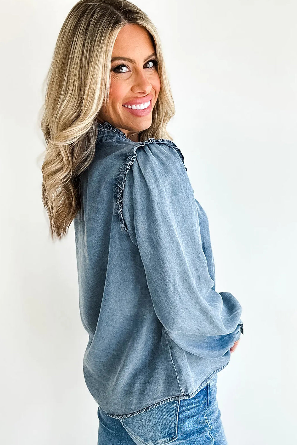 Dusk Blue Frilled Detail Button Down Chambray Shirt