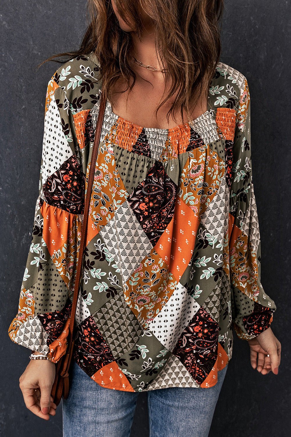 Green Floral Square Neck Boho Blouse