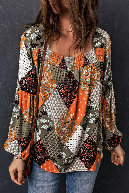 Green Floral Square Neck Boho Blouse