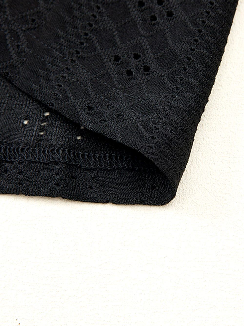 Black Eyelet Jacquard Split Neck Flounce Sleeve Plus Size Blouse