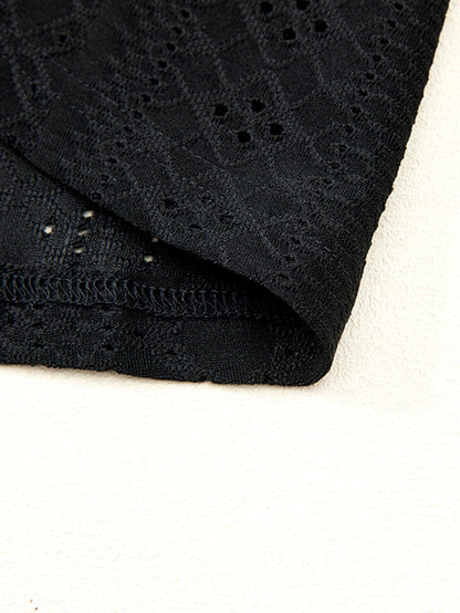 Black Eyelet Jacquard Split Neck Flounce Sleeve Plus Size Blouse