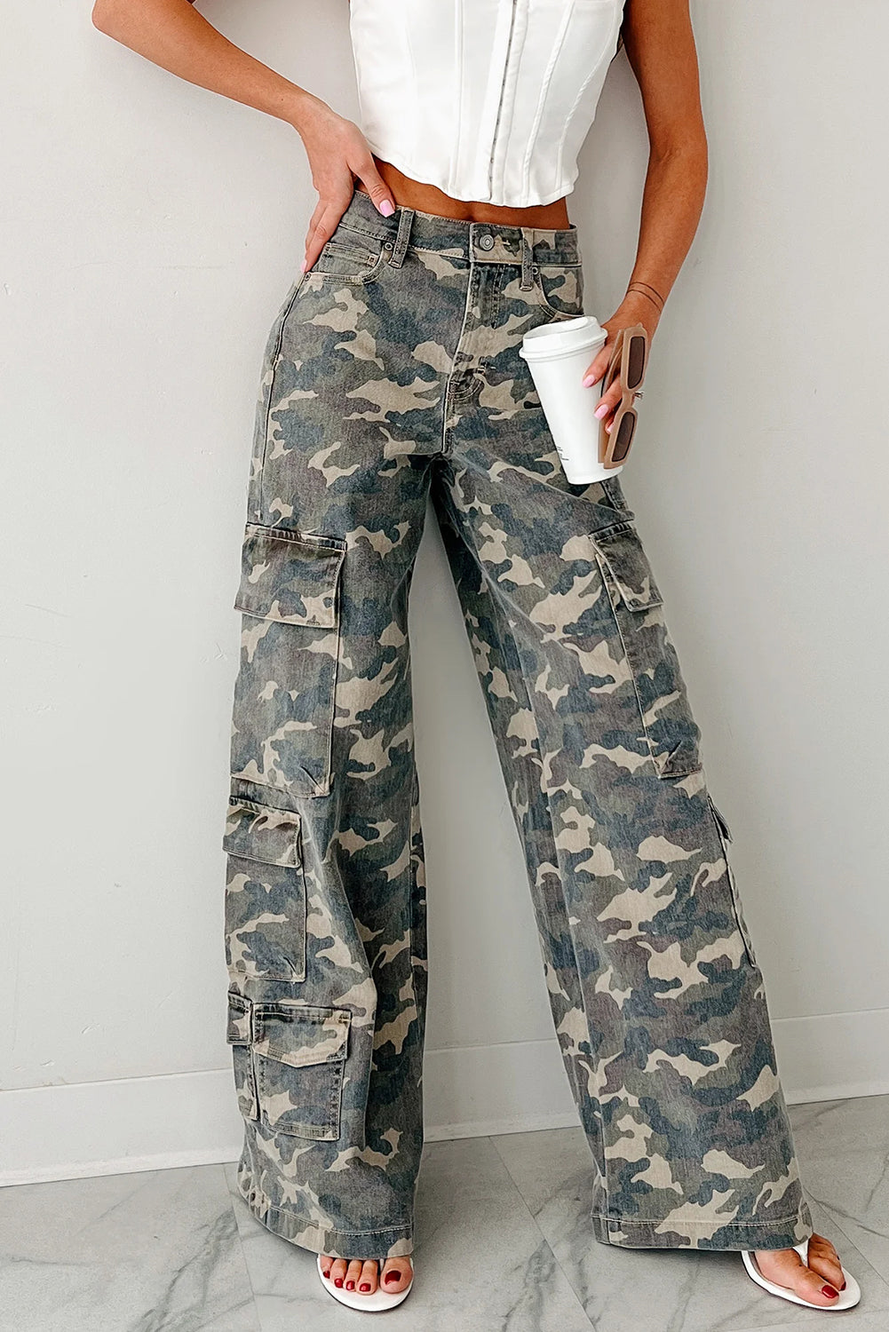 Green Camo Denim Cargo Wide Leg Pants