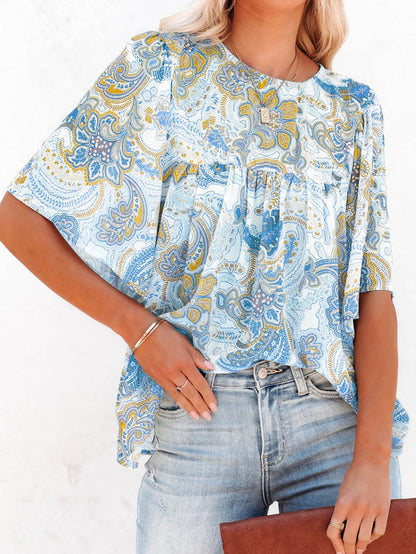 Elegant Sky Blue Paisley Pattern Flowy Blouse with Wide Sleeves