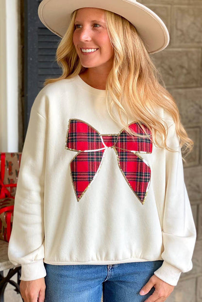 White Sequin Trim Plaid Bow Drop Shoulder Sweatshirt