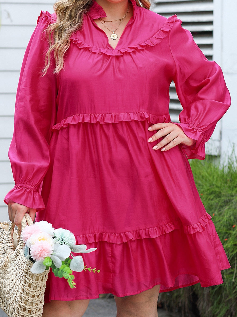 Rosy V-Neck Ruffle Detail Plus Size Shift Dress