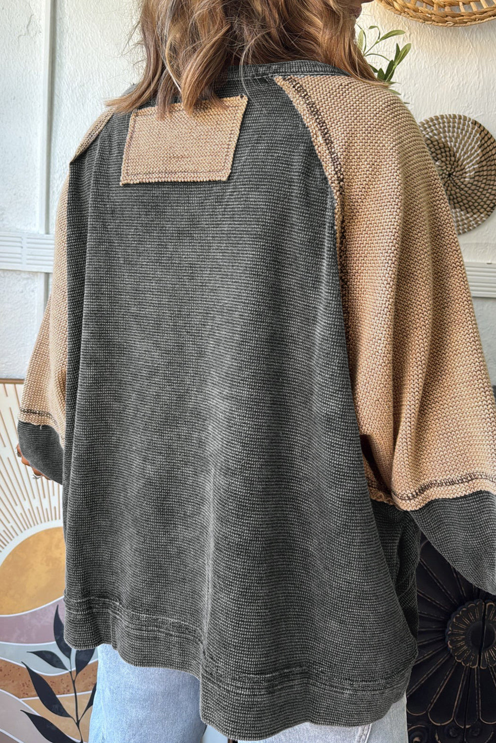 Dark Grey Color Block Exposed Seam Patchwork Mineral Wash Loose Sweatshirt
