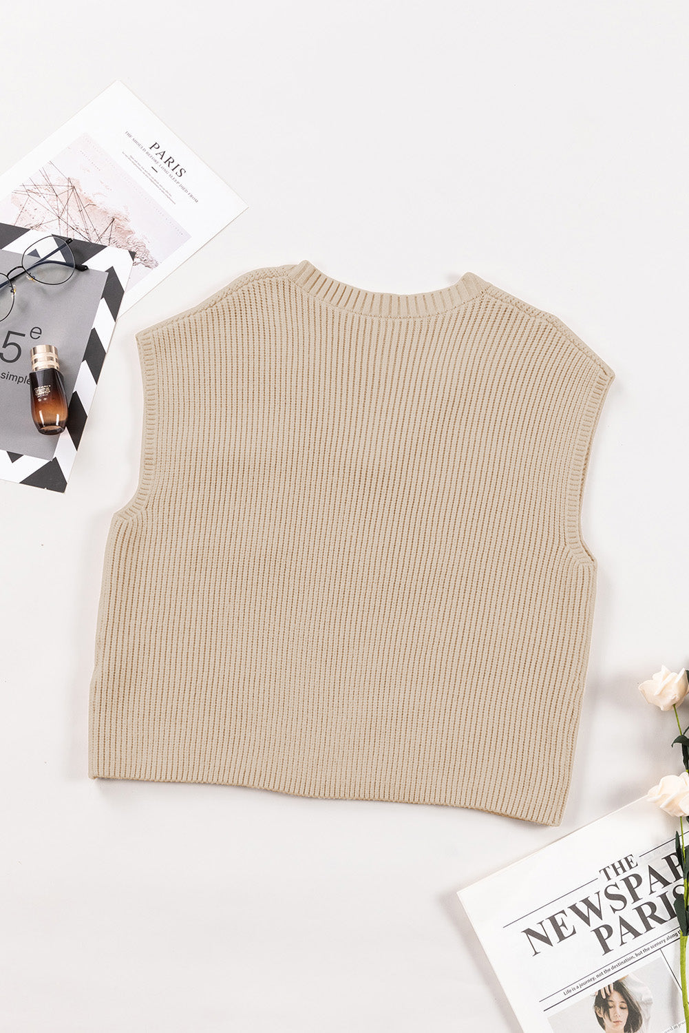 Apricot Ribbed V Neck Cap Sleeve Sweater with Chest Pocket