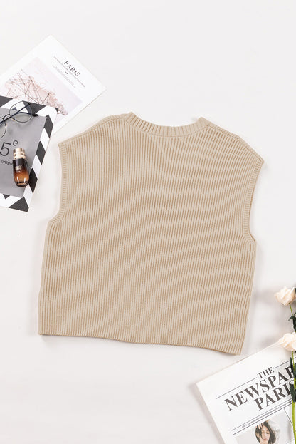 Apricot Ribbed V Neck Cap Sleeve Sweater with Chest Pocket