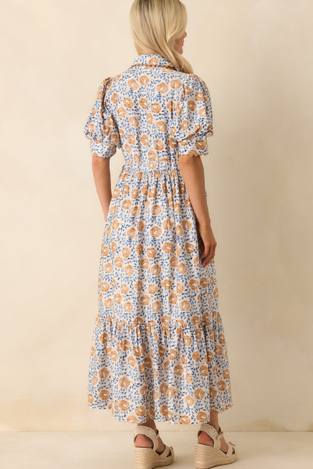 Sky Blue Multi Floral Print Shirt Collar Button Down Short Sleeve Maxi Dress