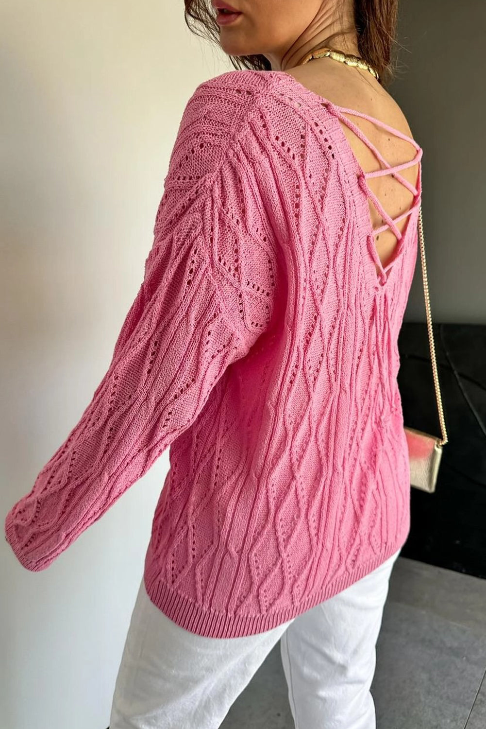 Sachet Pink Geometric Textured Crisscross Lace up Knit V Neck Sweater