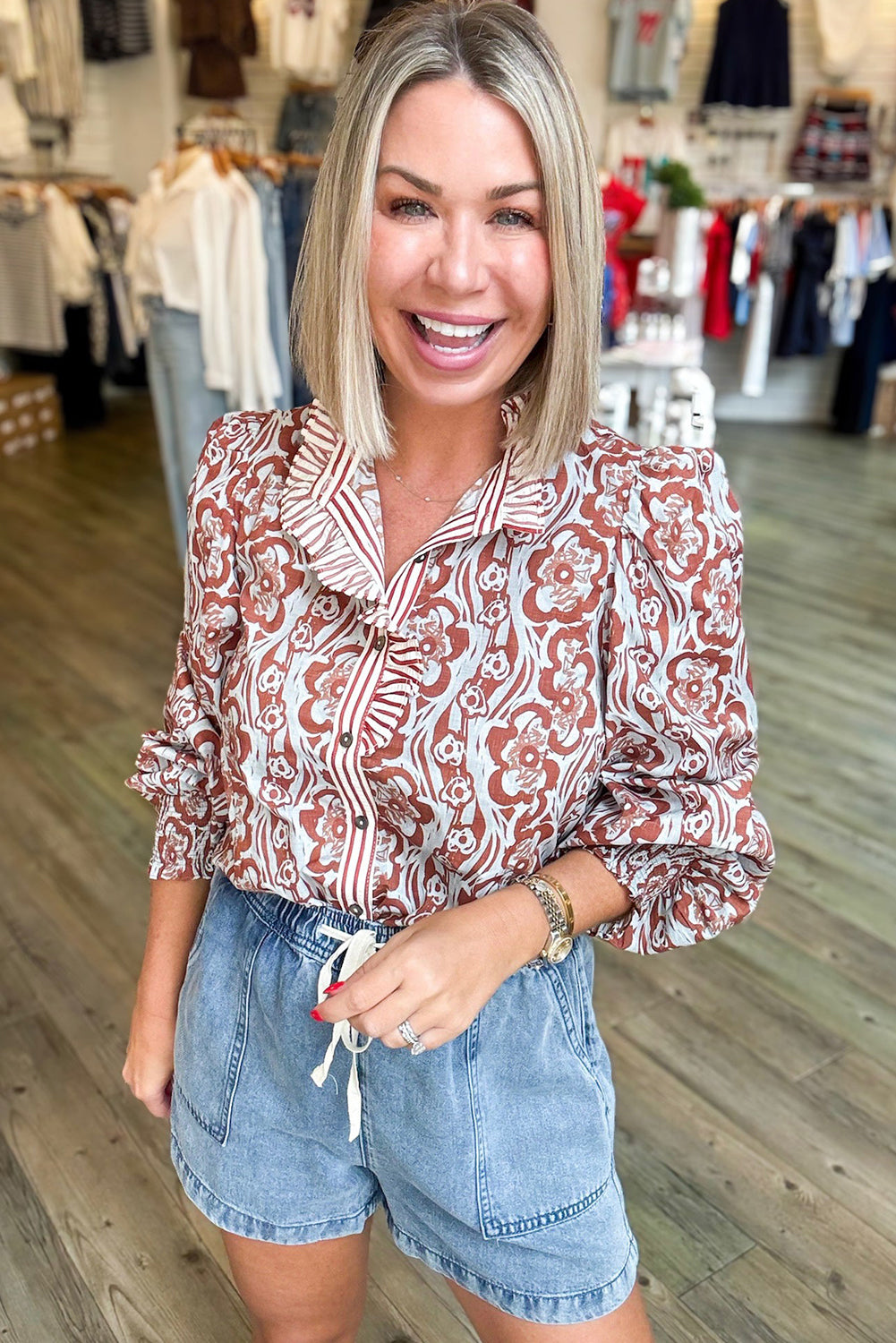 Sky Blue Floral Print Frilled Striped Trim Button Down Smocked Cuffs Long Sleeve Shirt