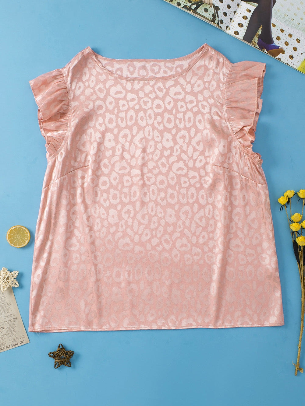 Pink Plus Size Leopard Print Ruffled Flutter Sleeve Satin Blouse