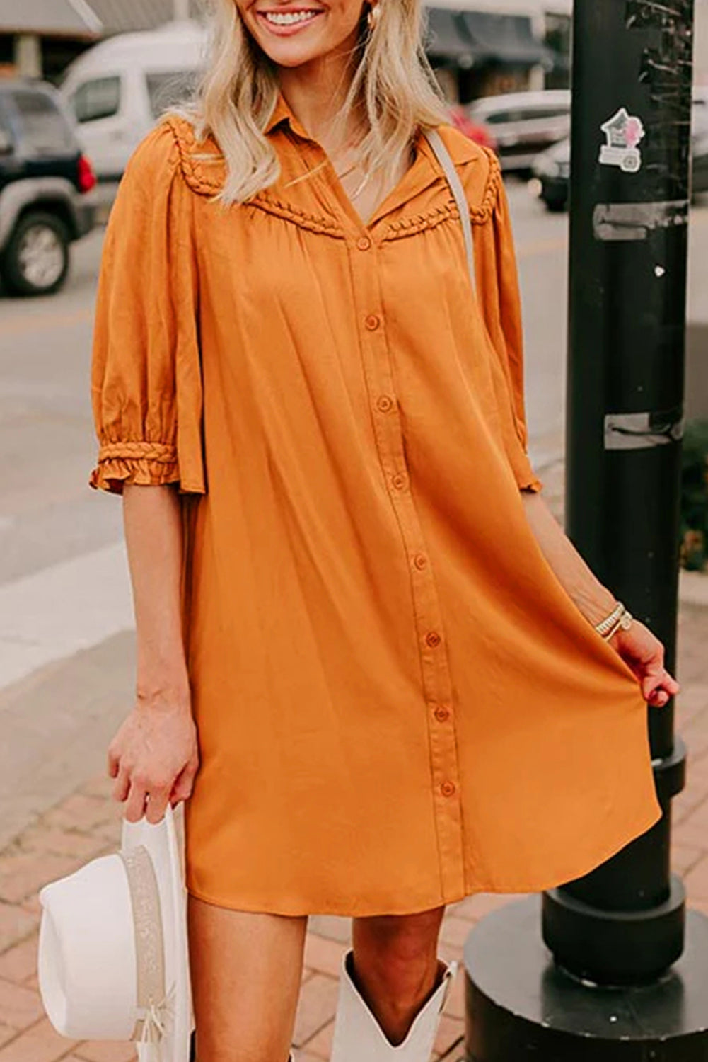 Russet Orange Solid Color 3/4 Sleeve Braided Detail Button Down Mini Shirt Dress