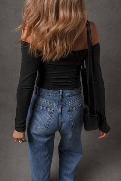 Black Solid Color Off-the-shoulder Long Sleeve T Shirt