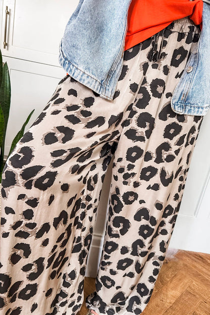 Orange Silky Animal Print Drawstring Loose Wide Leg Trousers
