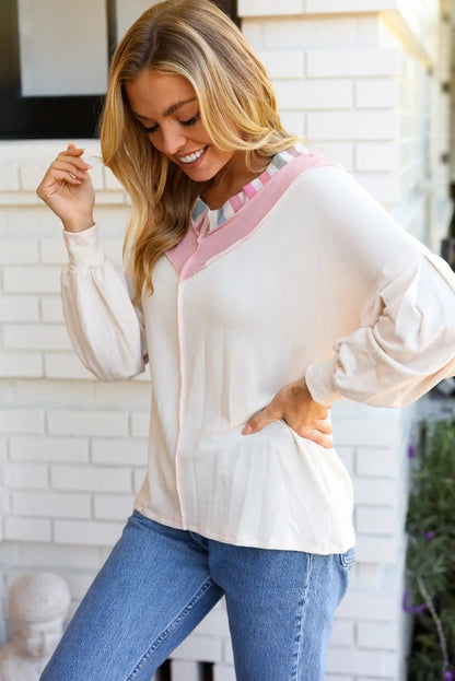 White Exposed Seam Rainbow Stripe Color Block V Neck Loose Long Sleeve Top
