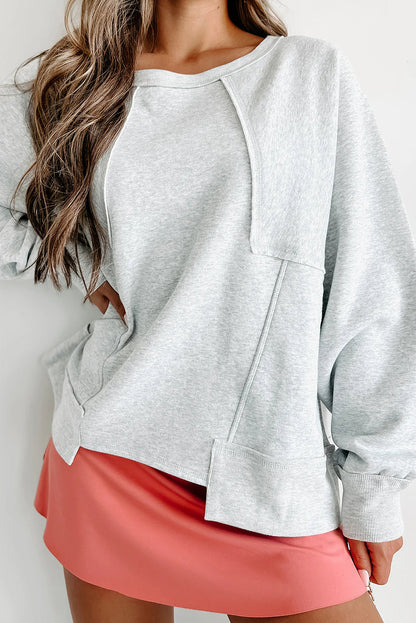 Light Grey Oversized Patch Detailed Uneven Hem Casual Sweatshirt