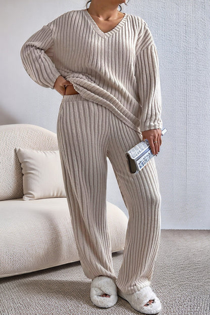 Cozy Ribbed V Neck Plus Size Lounge Set