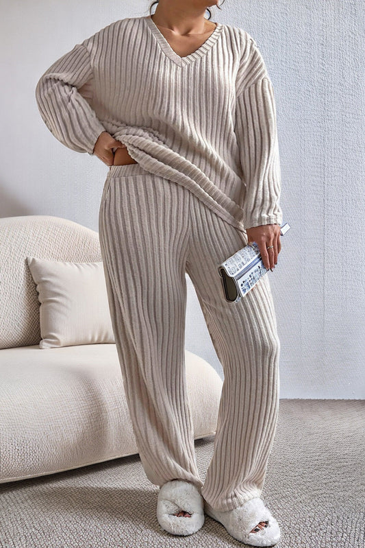 Cozy Ribbed V Neck Plus Size Lounge Set