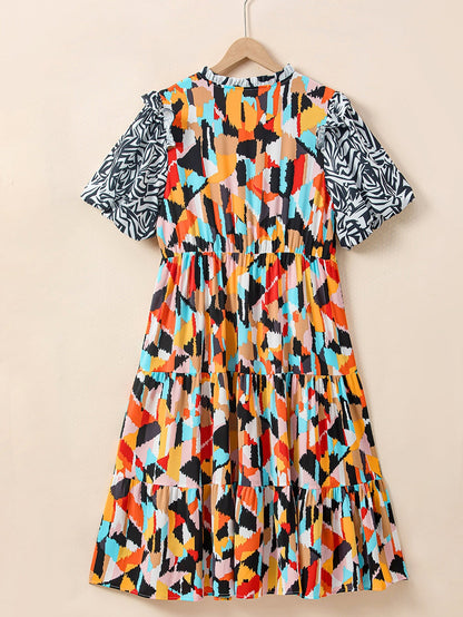 Pink Geometric Print Tiered Shift Dress for Plus Size Fashionistas