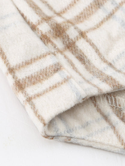 Khaki Plaid Button-Up Shirt Jacket with Side Slits